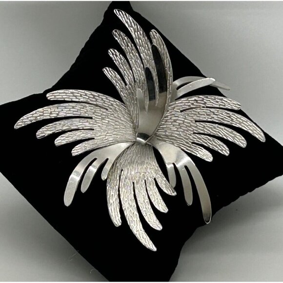 Coro Jewelry - Coro Brooch Abstract Flower Etched Silver-tone Riveted Pin Statement 1950s Retro